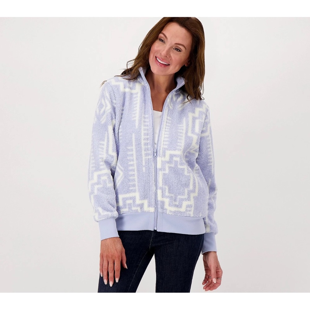 Susan Graver Weekend Printed Polar Fleece Bomber Jacket-Ice Blue-Medium